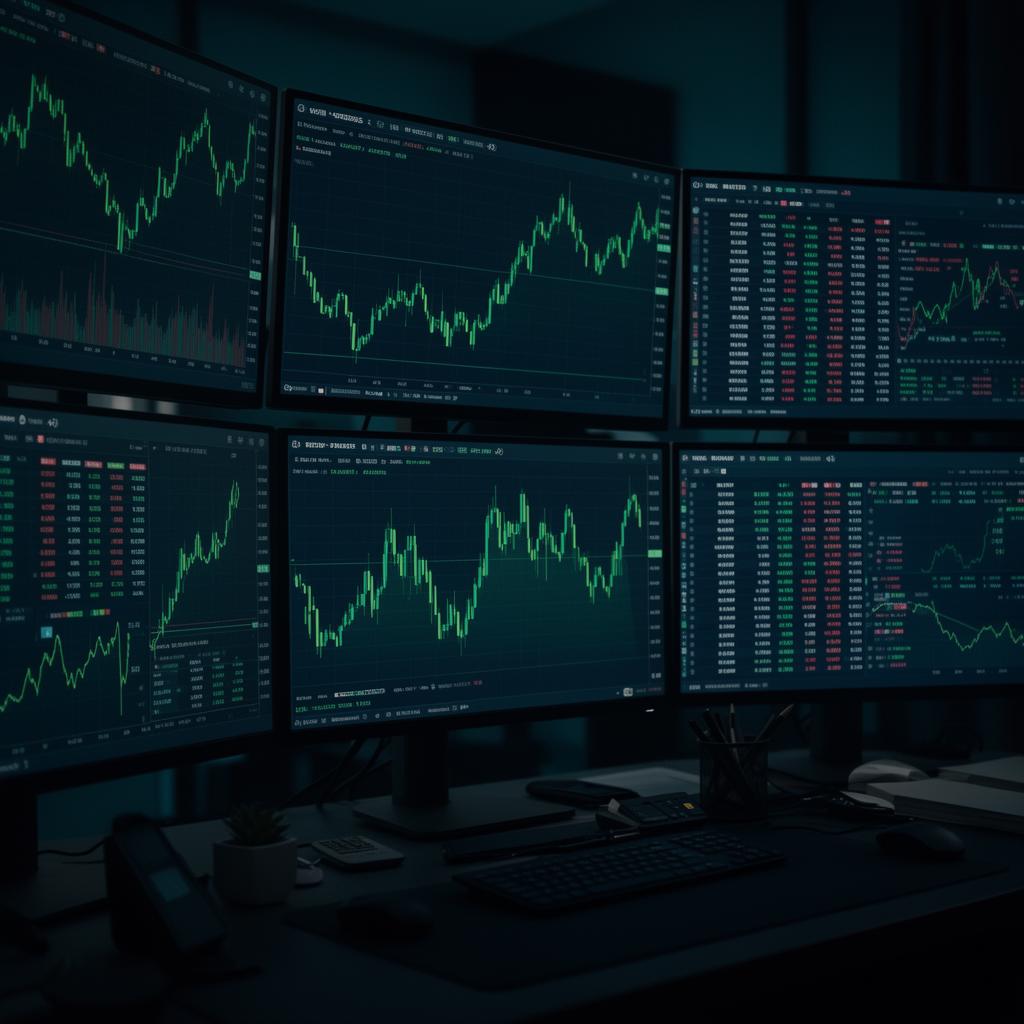Mesa de operação Novax — múltiplos monitores com cotações em tempo real